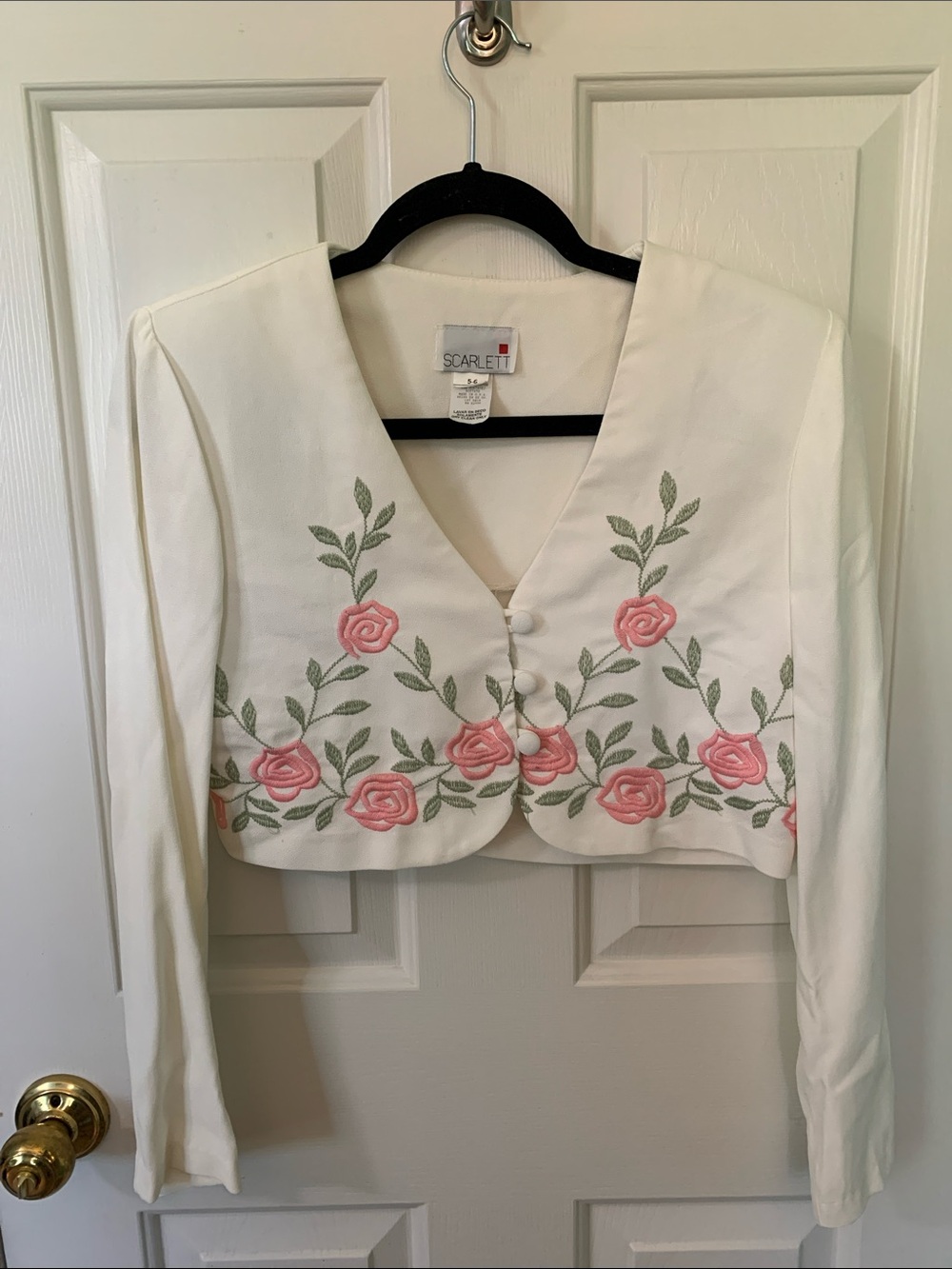 Scarlett Cream Cropped Blazer with Pink Rose Embroidery